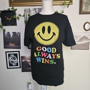 Black T-Shirt with Smiley Face and Colorful Text